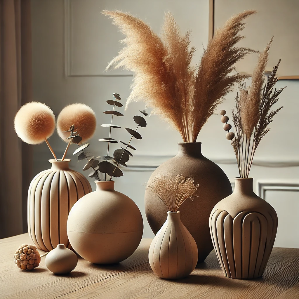 A sleek tabletop featuring decorative vases in sculptural shapes and earthen tones, including matte ceramic and terracotta finishes, adorned with dried pampas grass and eucalyptus