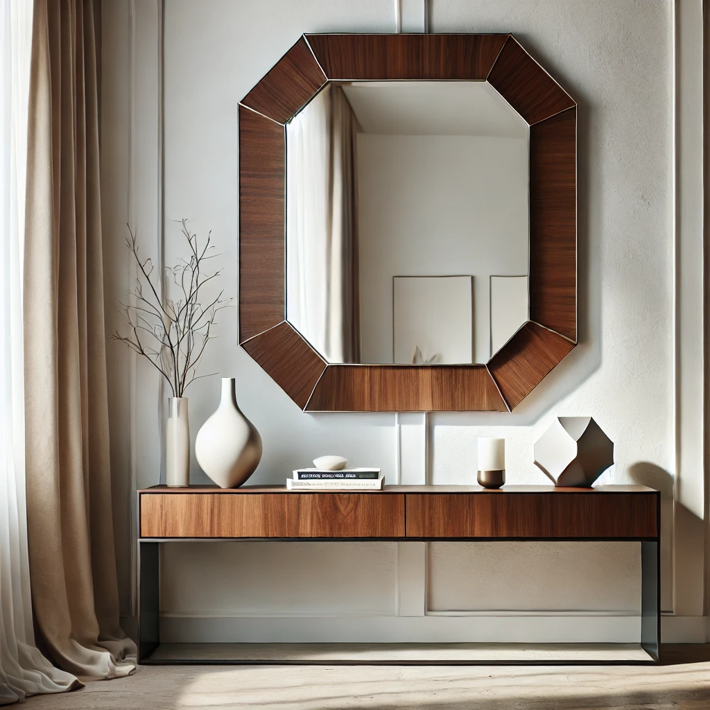 A modern interior featuring a bold, oversized asymmetrical wall mirror with a unique frame, placed above a wooden console table with minimalist decor elements like a vase and candle