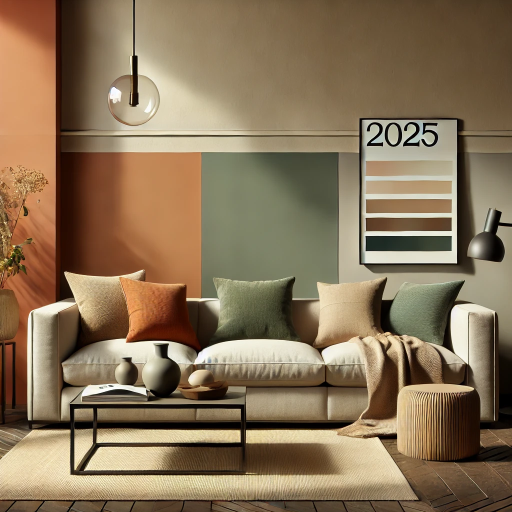 A modern living room showcasing 2025 trending colors like terracotta, sage green, and demure blues, with neutral-toned furniture, colorful throw pillows, and minimalist decor