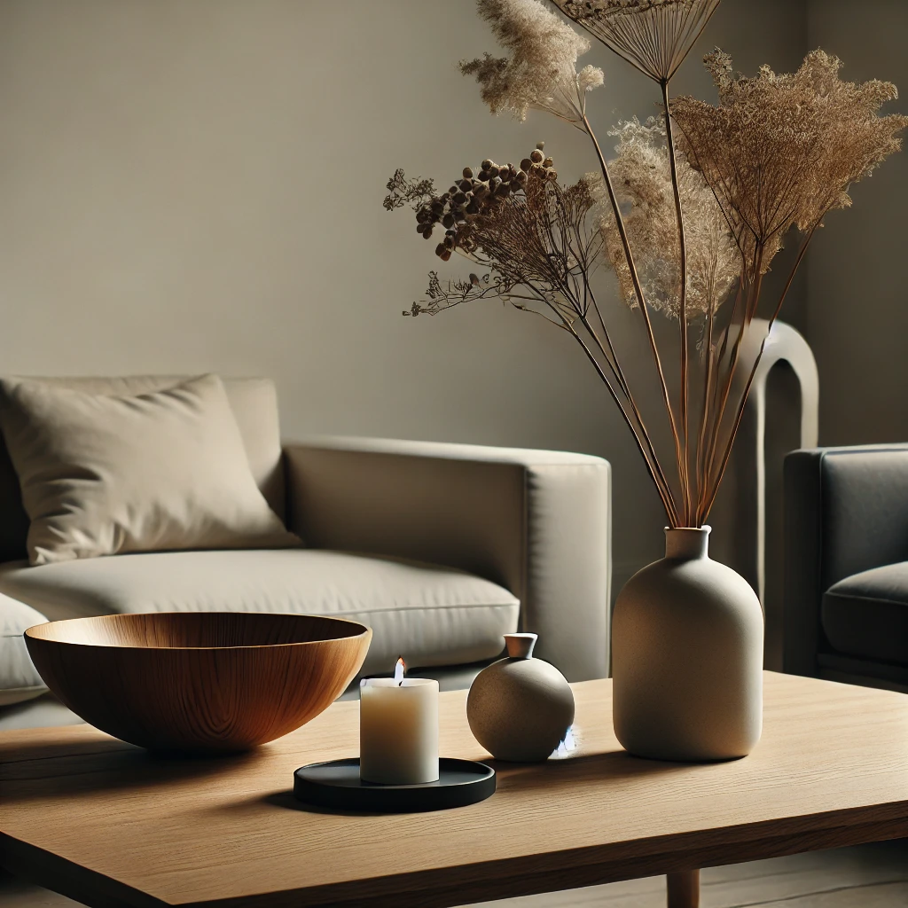 A minimalist living room featuring a decorative vase with dried flowers on a wooden coffee table, paired with a sculptural bowl and a candle for a cozy yet functional design