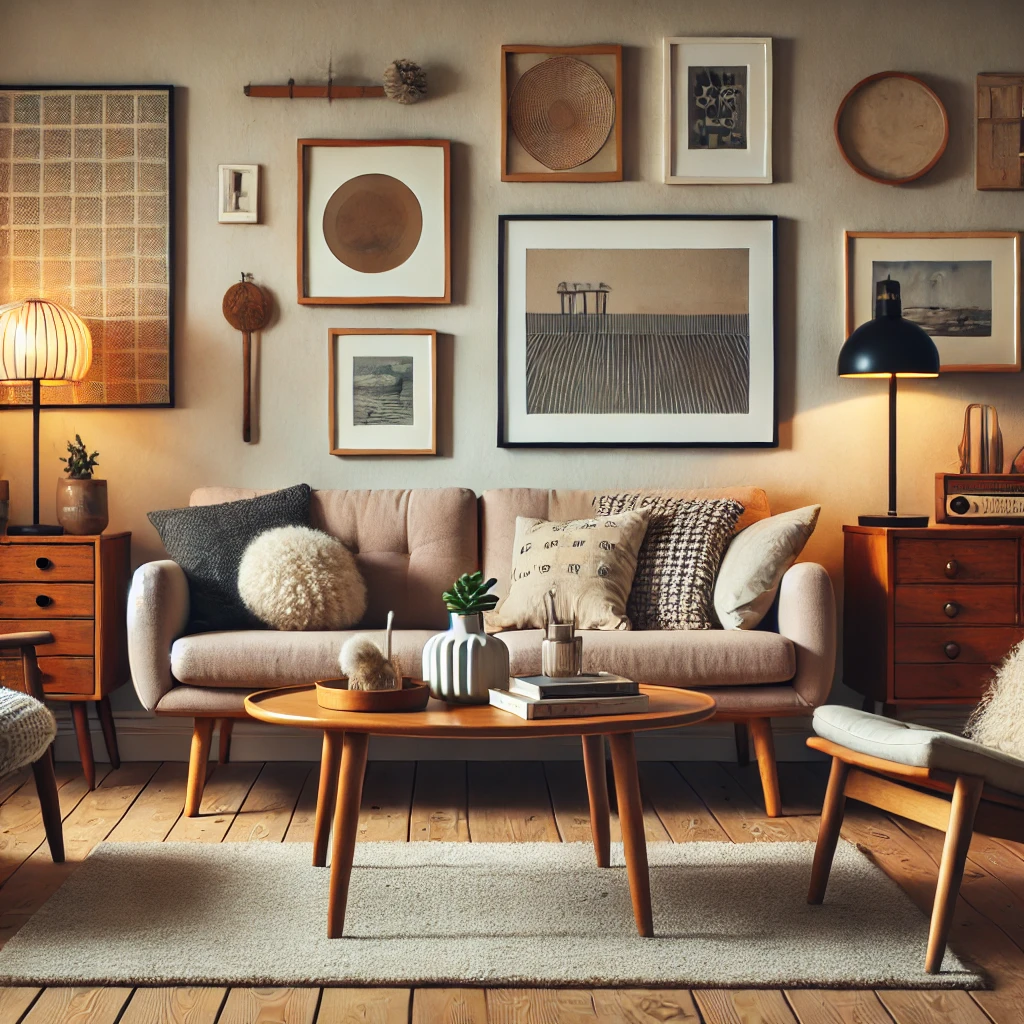 A cozy living room featuring a thrifted mid-century modern coffee table, a small IKEA sofa, painted wood chairs, updated vintage lamps, and a DIY gallery wall for an affordable, stylish aesthetic