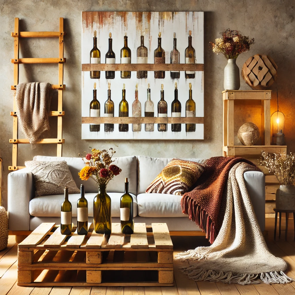 A stylish living room featuring upcycled decor, including a decorative ladder with blankets, wine bottles as flower vases, a wooden pallet coffee table, and DIY wall art, creating a unique and budget-friendly space