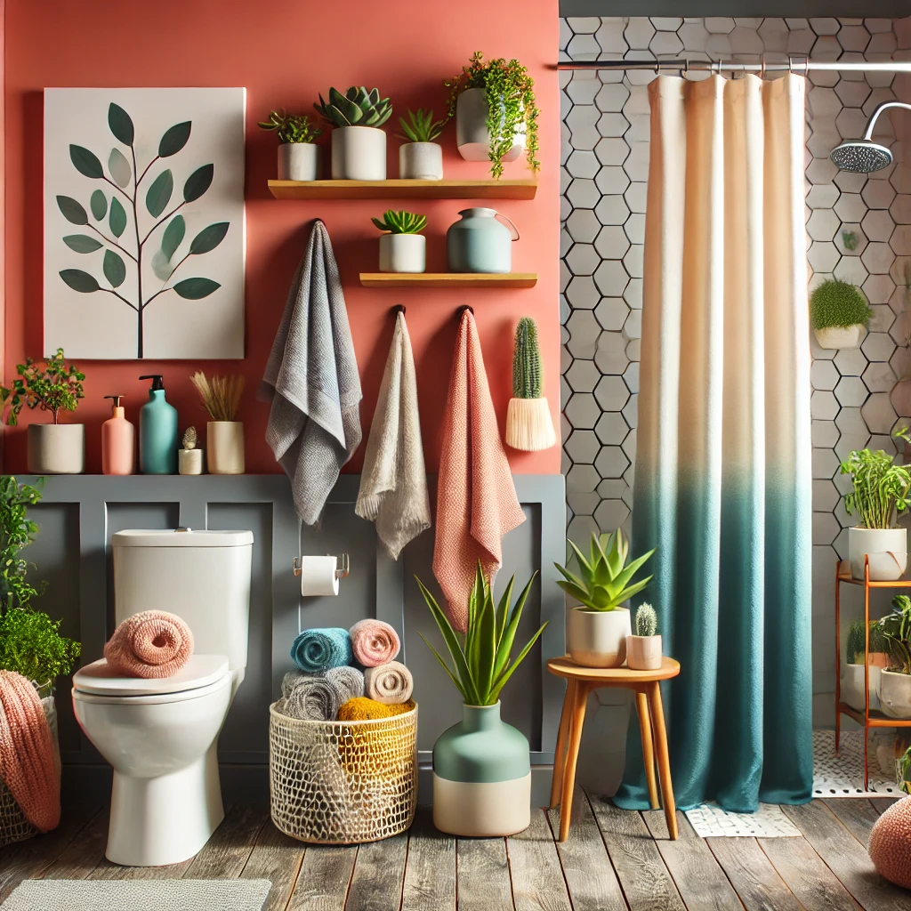 A stylish bathroom featuring small plants, colorful towels, repurposed storage jars, a fresh shower curtain, and an accent wall, showcasing a modern and budget-friendly design