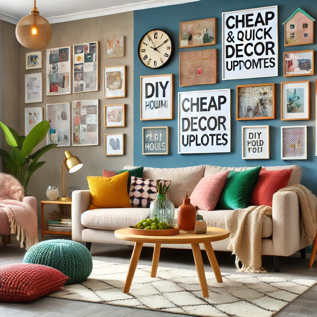 A stylish and affordable living room refresh featuring rearranged furniture, colorful throw pillows, a gallery wall with DIY artwork, a bold accent wall, a small rug, and a snake plant for greenery