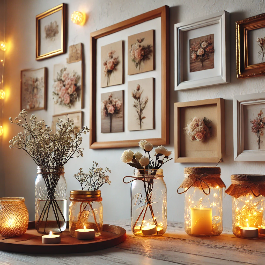 A charming decor setup featuring mason jars as candle holders and fairy light containers, an artistic wall gallery with cheap frames and faux flowers, and a minimalist table display, highlighting budget-friendly elegance