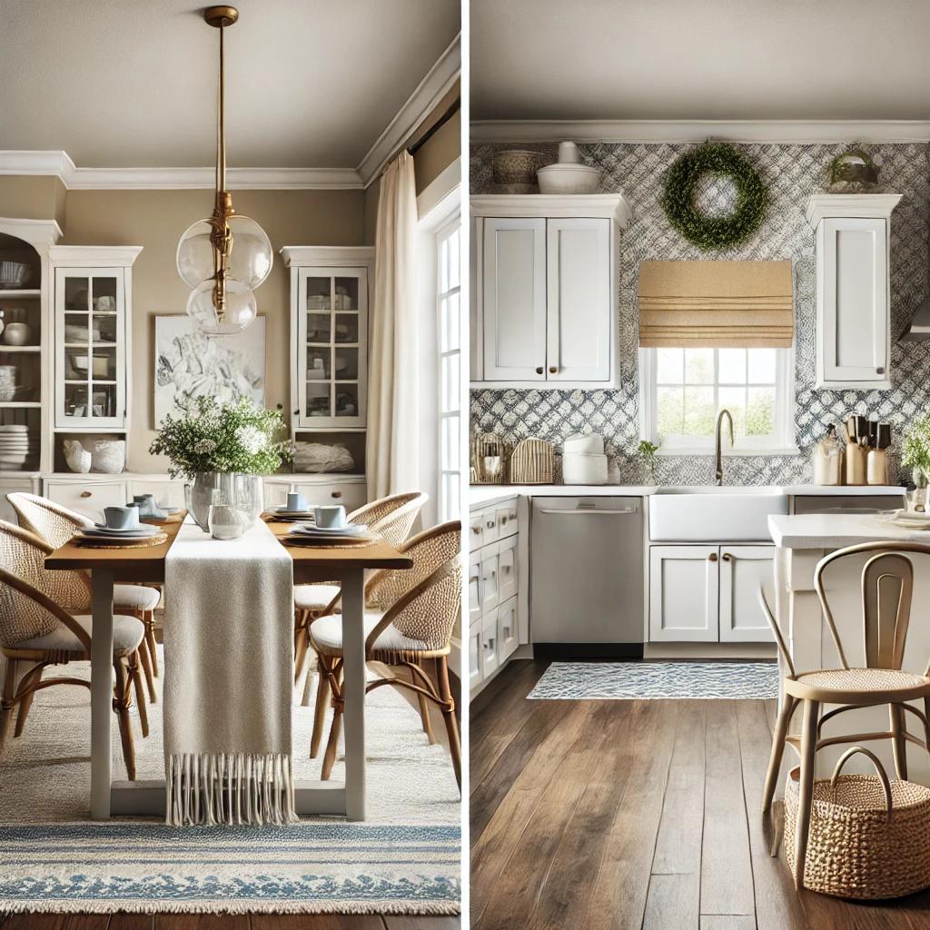 A modern dining room and kitchen featuring a dining table with placemats, a table runner, and a simple centerpiece, along with a peel-and-stick backsplash and updated cabinet hardware, emphasizing charm and affordability