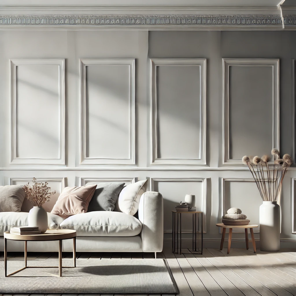 A stylish living room featuring white raised panel wainscoting paired with soft gray paint above, complemented by a cozy sofa and minimalistic decor, showcasing visually interesting wall designs