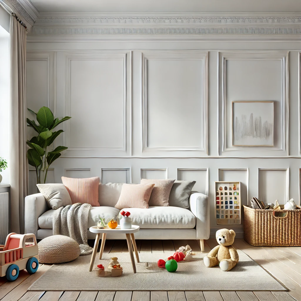 A family-friendly living room featuring durable white PVC wainscoting that prevents damage from scuff marks and scratches, complemented by a cozy sofa and playful accents like a toy basket