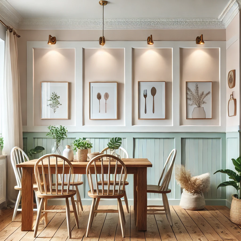 A cozy DIY-inspired dining room featuring white beadboard wainscoting with pastel paint, a wooden dining table, and natural lighting, emphasizing affordable and stylish home upgrades