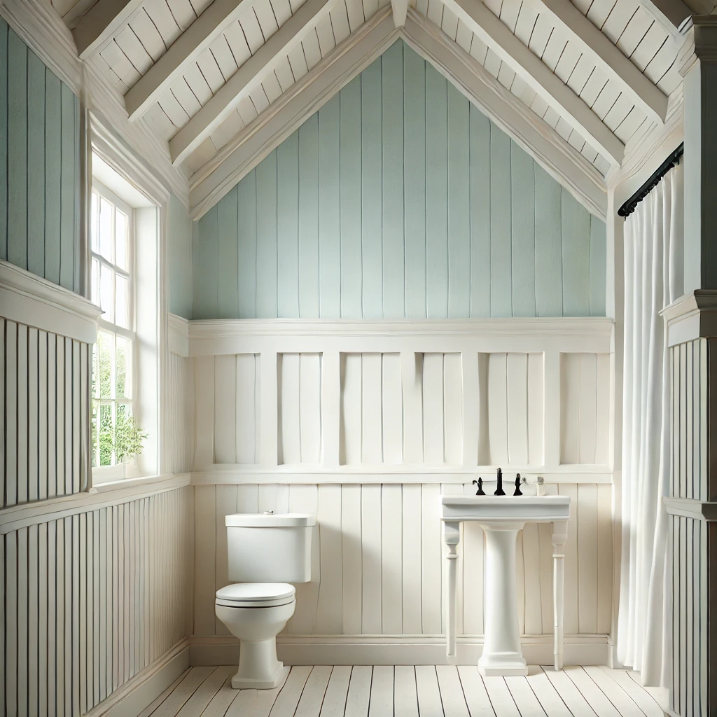 A serene bathroom featuring crisp white beadboard wainscoting with vertical grooves, complemented by pastel blue walls, minimalistic fixtures, and natural lighting for a relaxing cottage-like ambiance