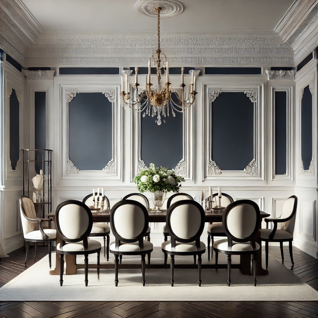 A formal dining room featuring crisp white raised panel wainscoting, navy blue walls, a sophisticated dining table, elegant chairs, and a chandelier, showcasing an upscale and traditional aesthetic