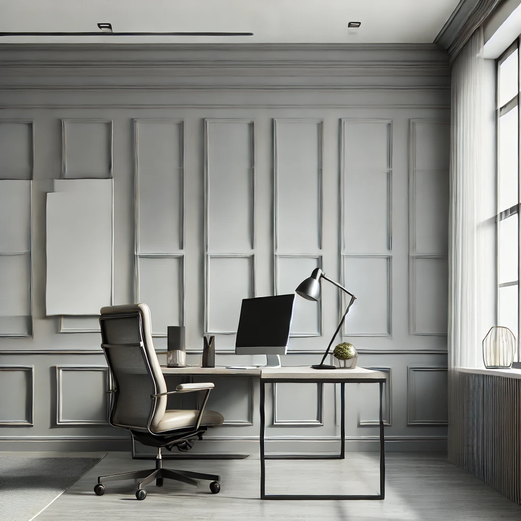 A sleek modern office featuring matte gray flat panel wainscoting paired with white walls, a minimalist desk, ergonomic chair, and contemporary decor, highlighting a clean and contemporary aesthetic