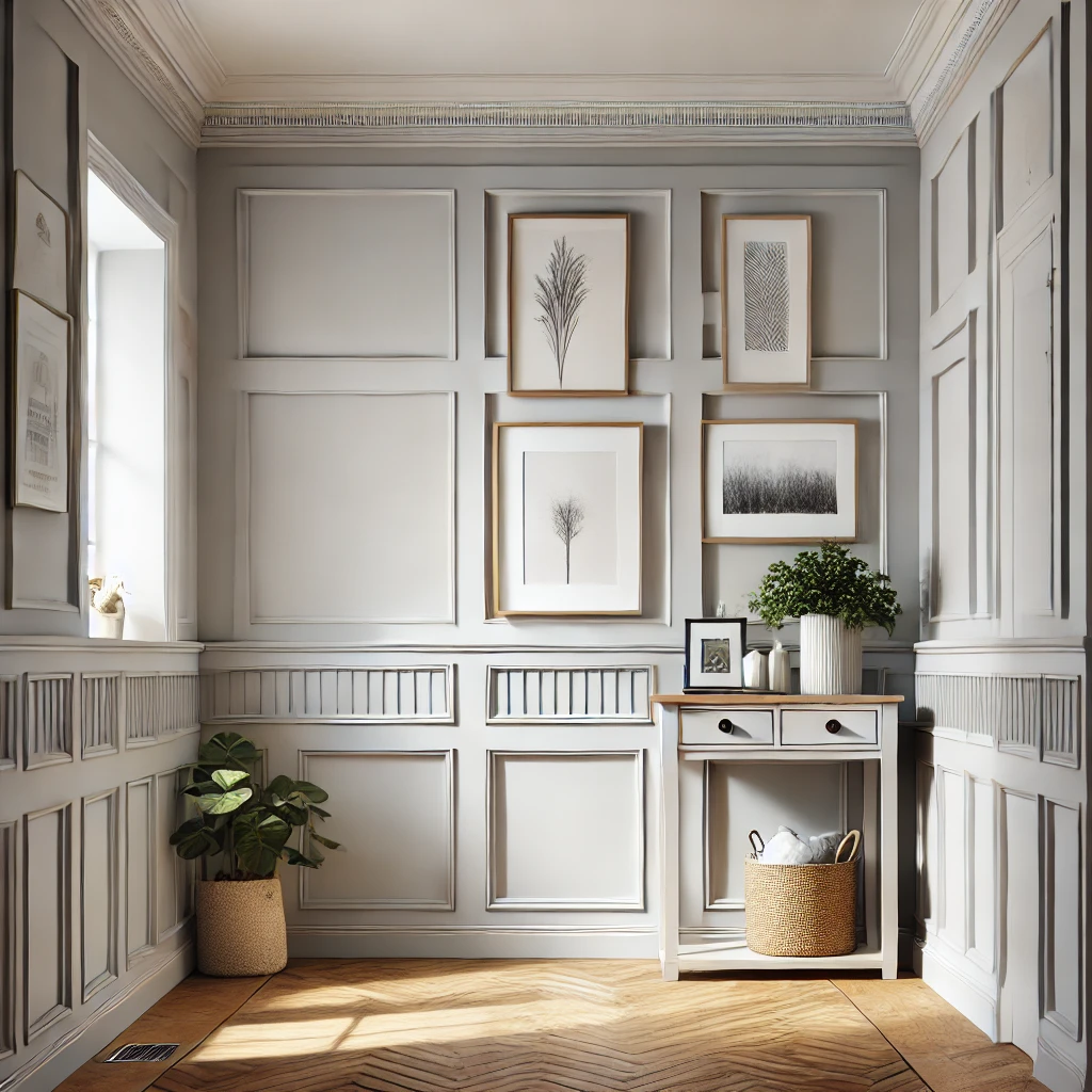 A cozy hallway featuring soft white board and batten wainscoting with light gray walls, wooden flooring, a console table, and framed art, creating a welcoming and textured aesthetic