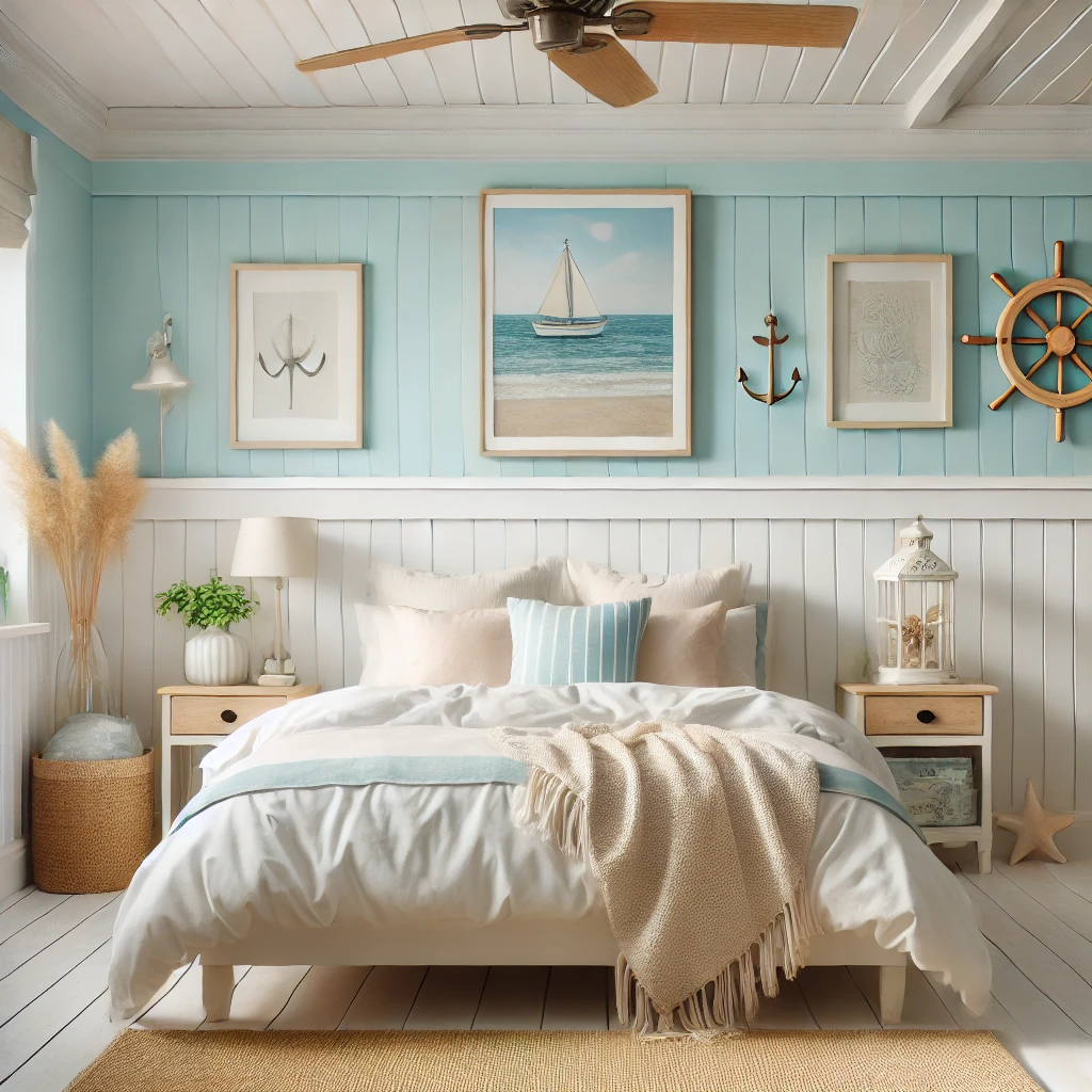 A bright coastal-themed bedroom featuring white shiplap wainscoting, pastel blue walls, a cozy bed with neutral bedding, a wooden nightstand, and nautical decor, highlighting a relaxing beach-house charm