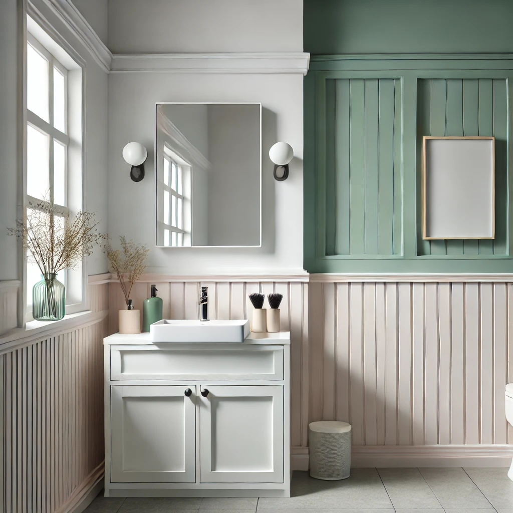 A modern and practical bathroom featuring crisp white PVC wainscoting paired with pastel green walls, a sleek vanity, a mirror, and simple decor, highlighting moisture-resistant and easy-to-maintain design elements