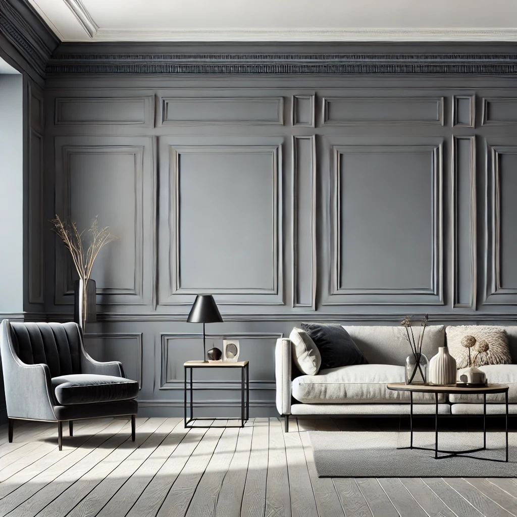 A stylish living room featuring dark gray raised panel wainscoting with light-toned walls, complemented by a comfortable sofa and coffee table, showcasing a dramatic transformation in living areas