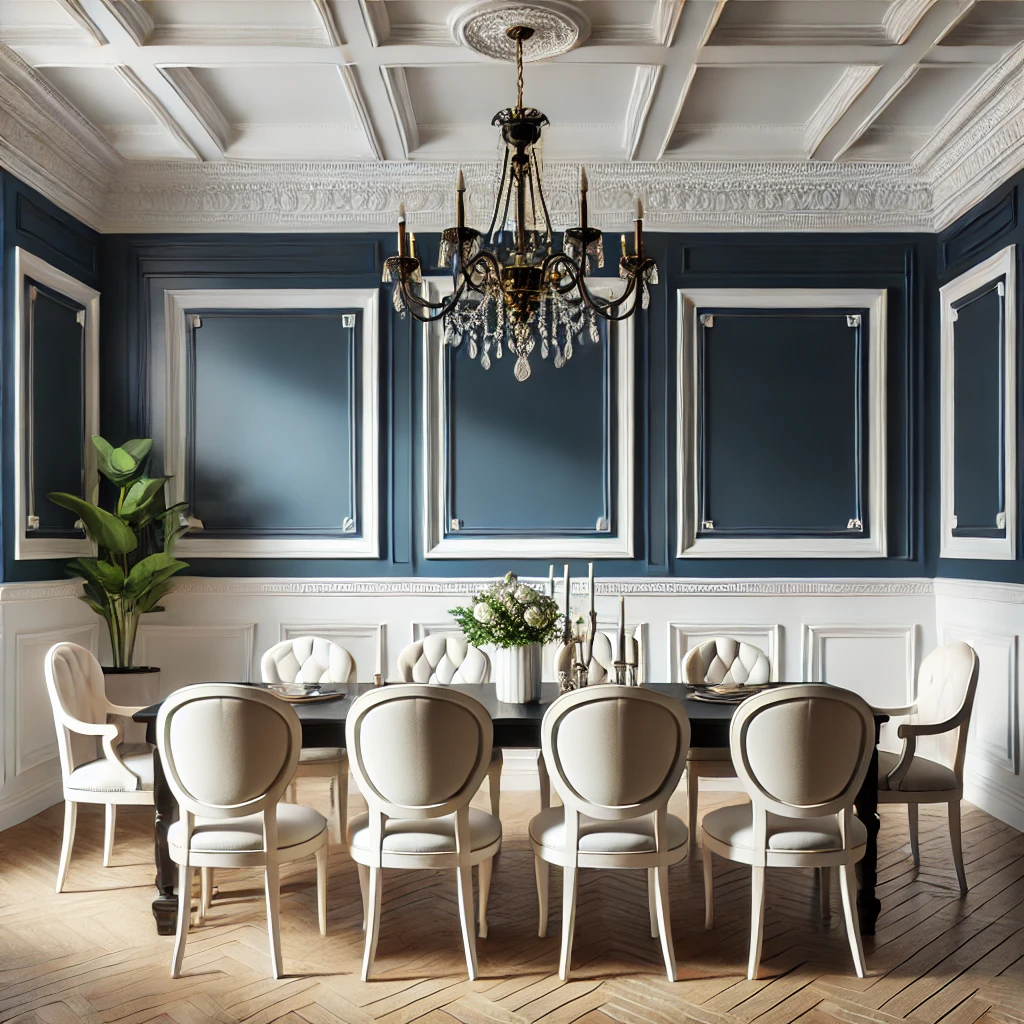 An elegant dining room featuring white raised panel wainscoting paired with bold navy blue walls, a refined dining table, matching chairs, and a sophisticated chandelier, showcasing classic and striking appeal