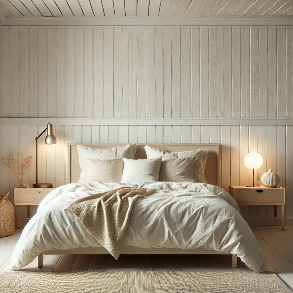 A serene bedroom featuring white shiplap wainscoting as a feature wall behind the bed, paired with neutral bedding, soft lighting, a wooden nightstand, and minimalist decor, creating a cozy retreat