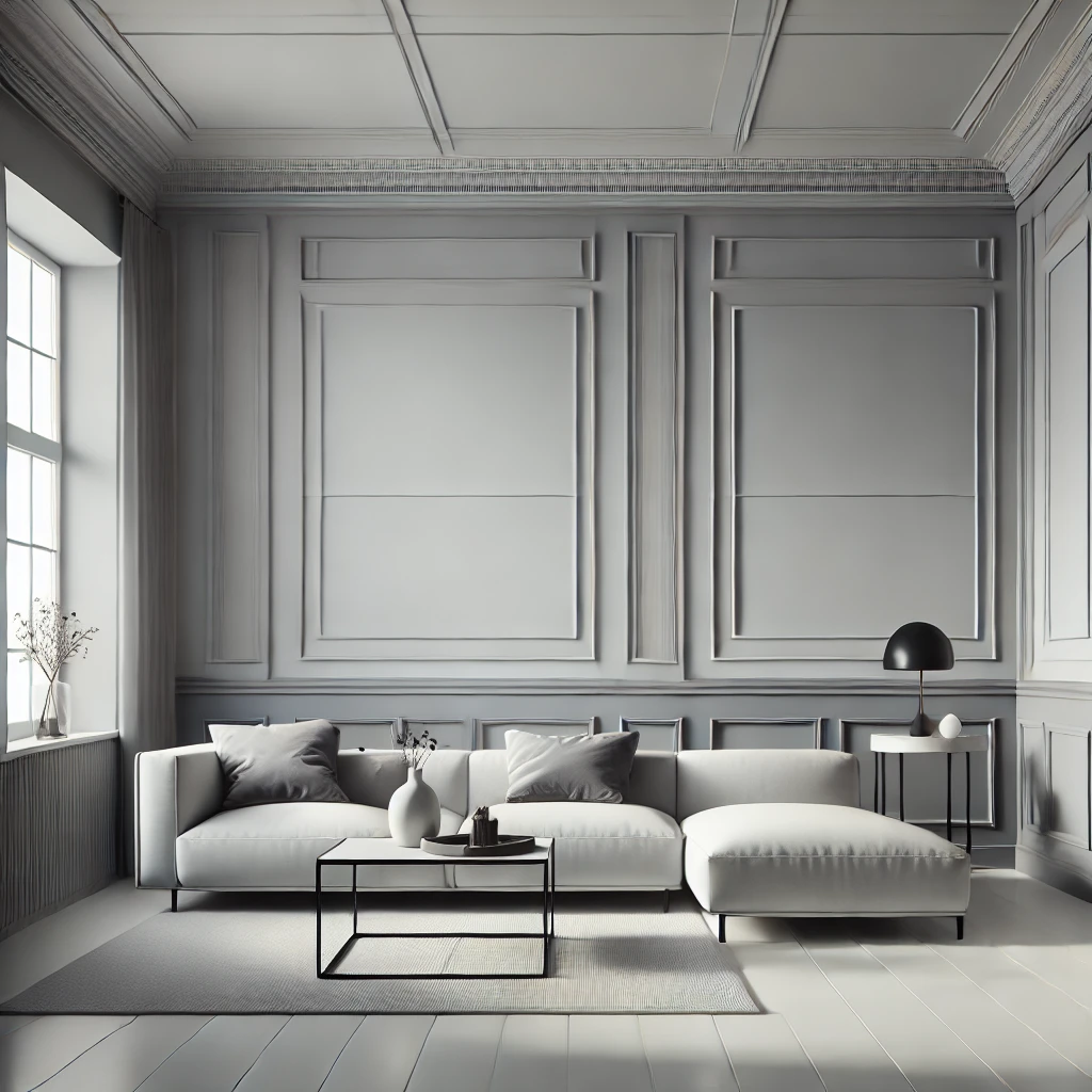 A sleek minimalist living room featuring flat panel wainscoting in a monochromatic color scheme, with light gray wainscoting paired with white walls, a modern sofa, simple decor, and natural lighting, emphasizing clean lines and contemporary design