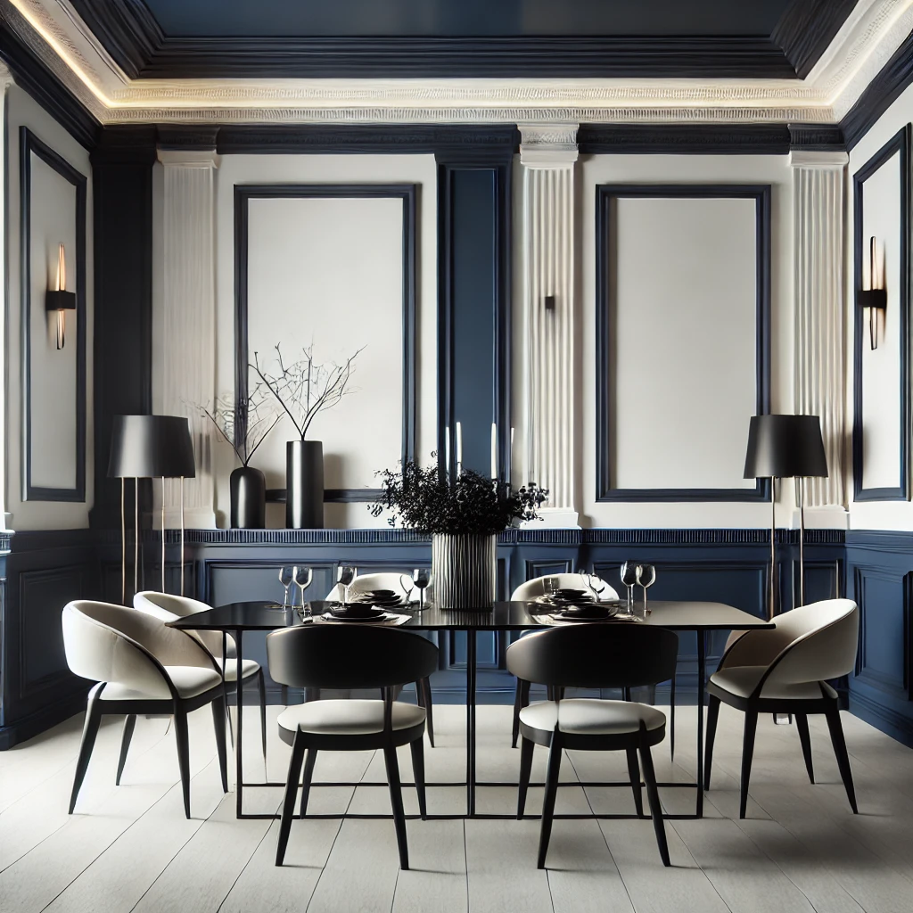 A sophisticated dining room featuring navy blue wainscoting with crisp white walls above, complemented by a modern dining table, sleek chairs, and elegant lighting, showcasing bold and edgy interior design trends