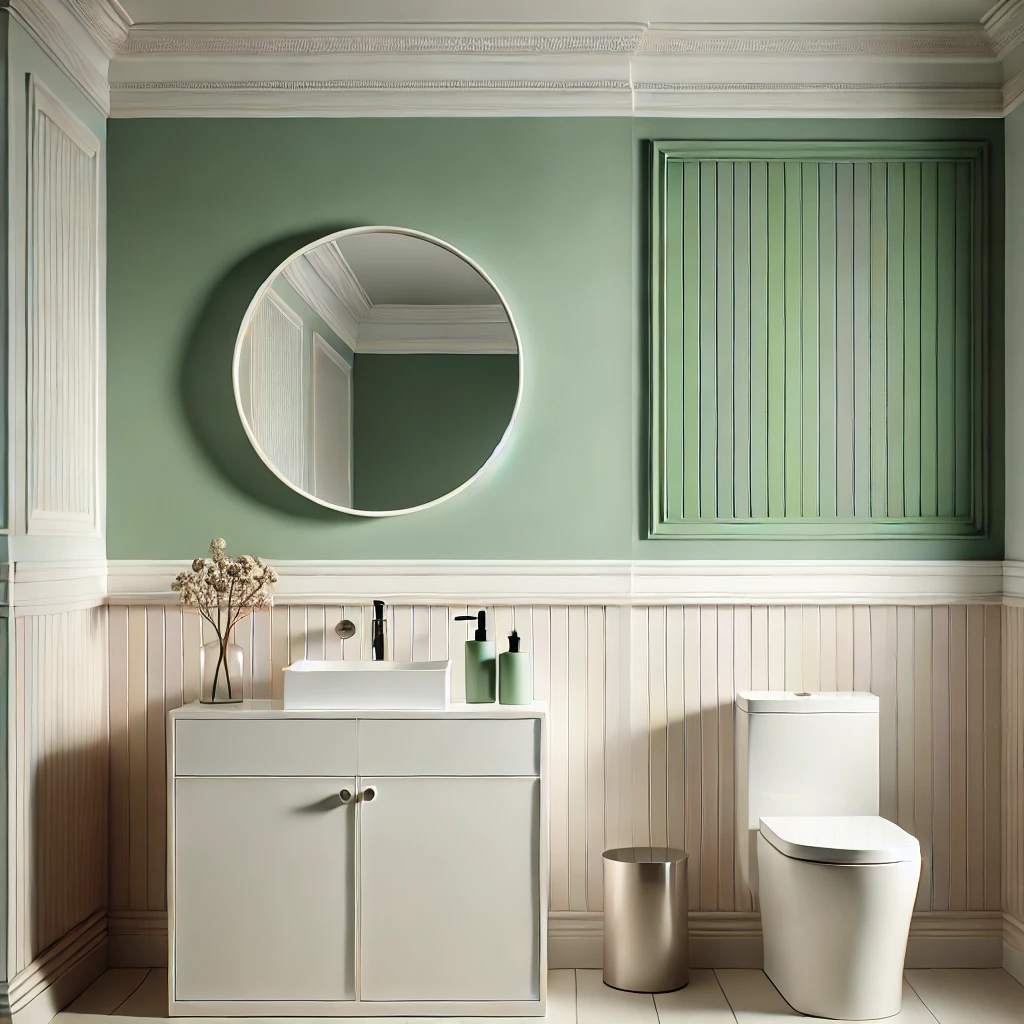 A modern bathroom featuring half-height white wainscoting paired with pastel green walls, a sleek vanity, a round mirror, and minimalistic fixtures, showcasing practicality and style in wall protection