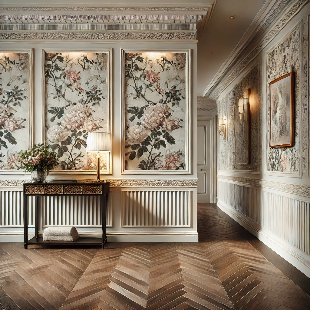 A luxurious hallway featuring textured beadboard wainscoting paired with floral wallpaper, wooden flooring, a stylish console table, and soft lighting, highlighting visual depth and elegant layered designs