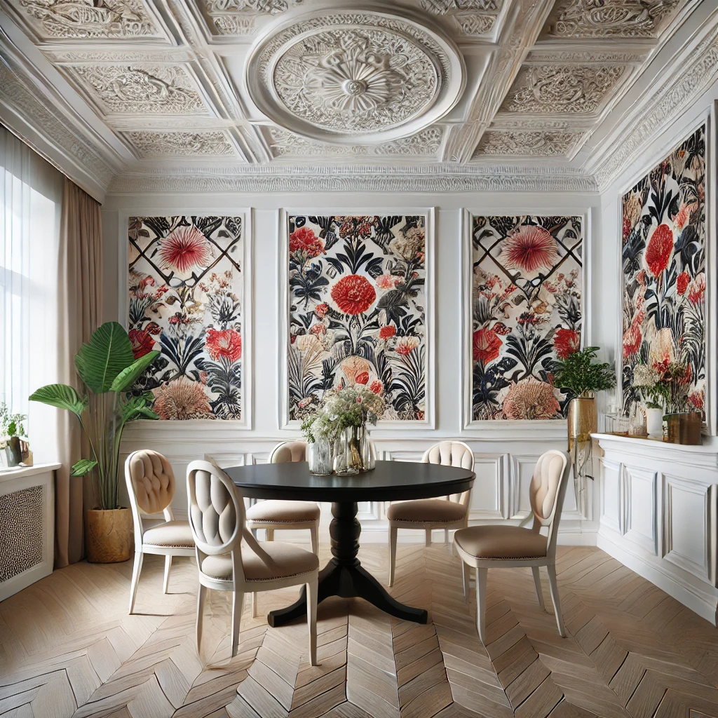 An elegant dining room featuring crisp white wainscoting paired with vibrant floral wallpaper above, complemented by a stylish dining table, chairs, and modern decor, showcasing versatility and elegance