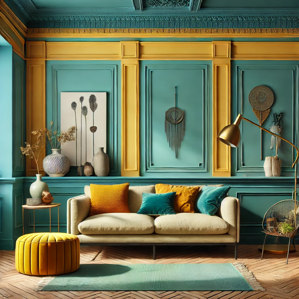 A vibrant living room featuring mustard yellow painted wainscoting with teal walls above, complemented by a modern sofa, vintage decor elements, and a blend of contemporary and classic accents, showcasing a lively and unique design aesthetic