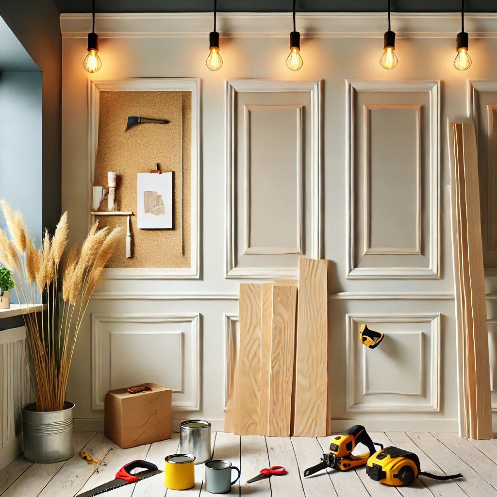 A cozy workspace featuring a DIY wainscoting project in progress, with partially installed MDF panels, tools like a measuring tape and saw, and paint cans nearby, showcasing affordability and customization