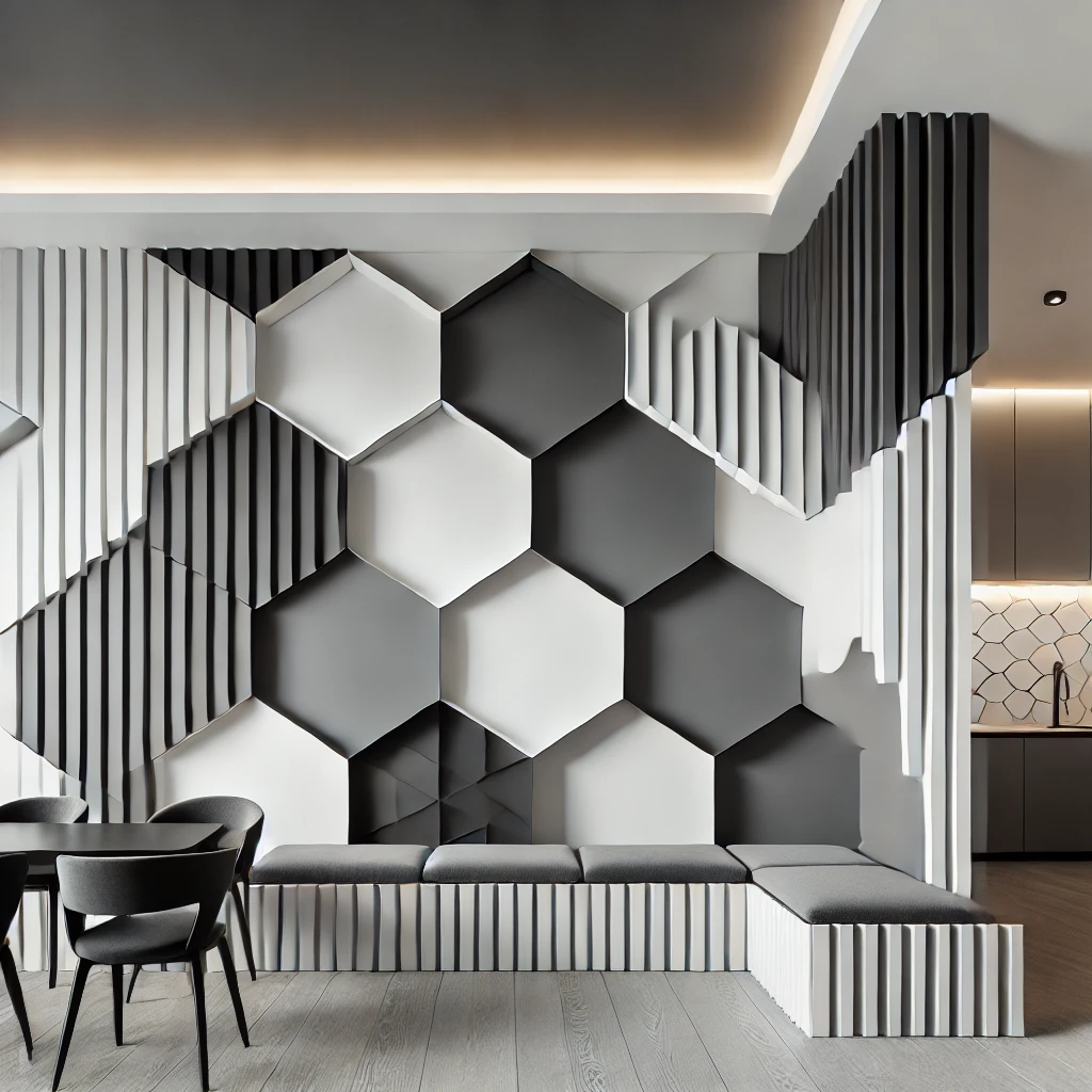 A modern interior featuring unique angled and geometric wainscoting in bold black and white, complemented by minimalist furniture and sleek decor, creating a dramatic and contemporary visual statement