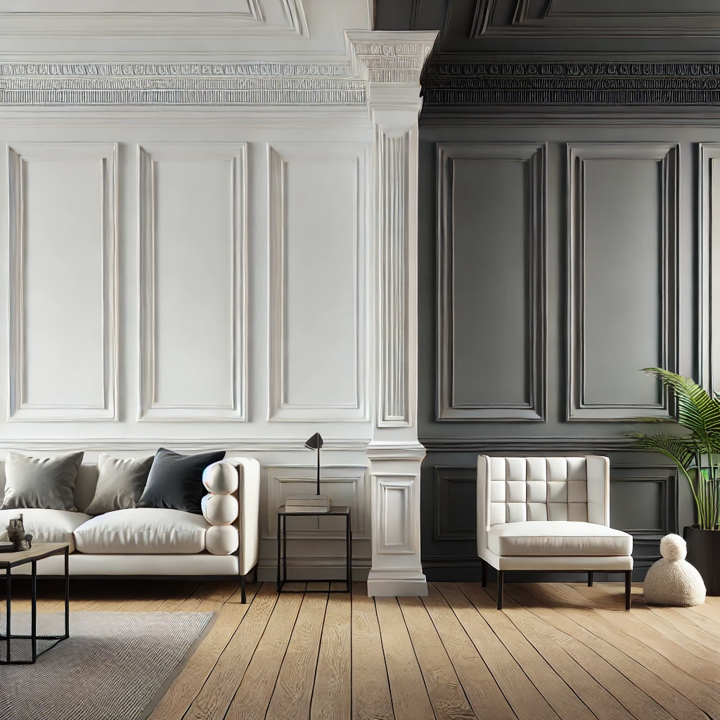 A stylish living room showcasing raised panel wainscoting on one wall paired with classic furniture and sleek flat panel wainscoting on another, emphasizing the harmony of wainscoting designs with room decor