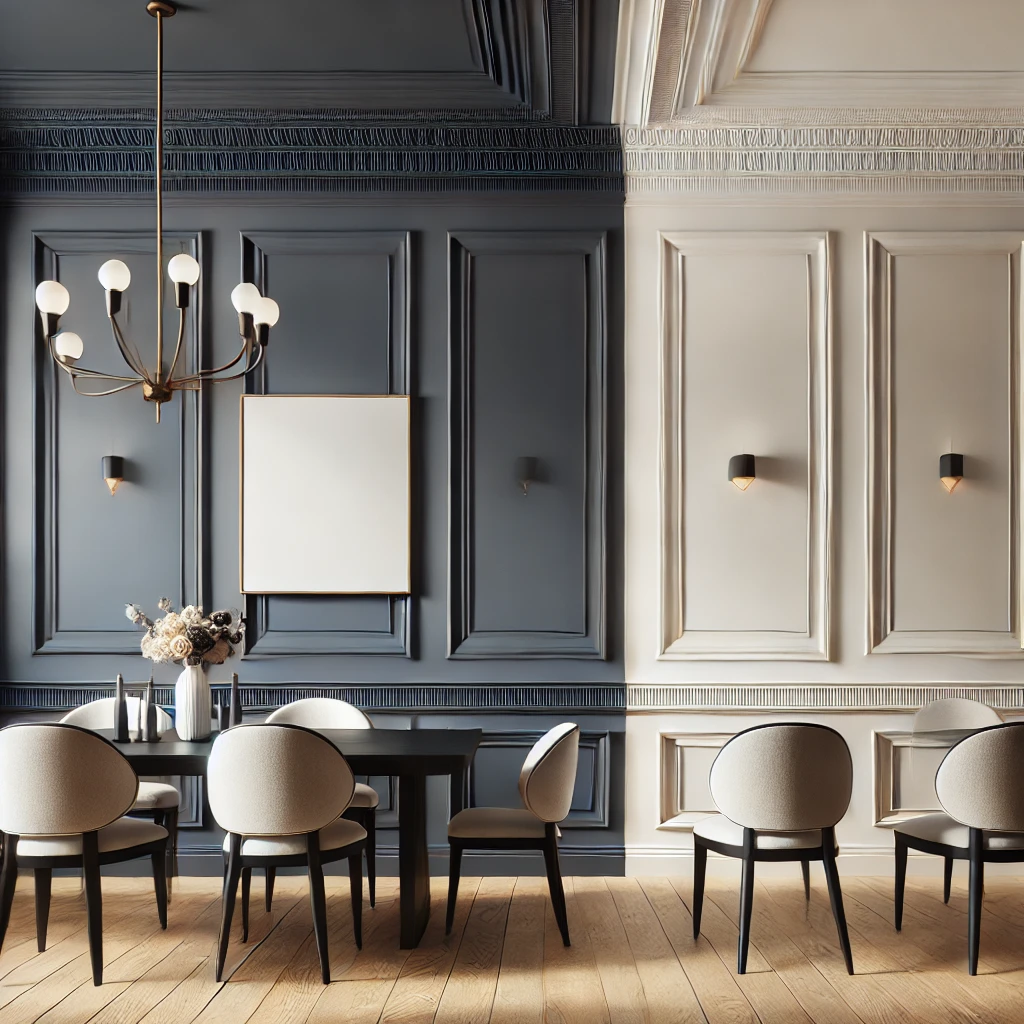 A modern dining room showcasing wainscoting in contrasting colors, with navy blue paired with beige walls on one side and white paired with soft gray walls on another, complemented by elegant furniture and decor