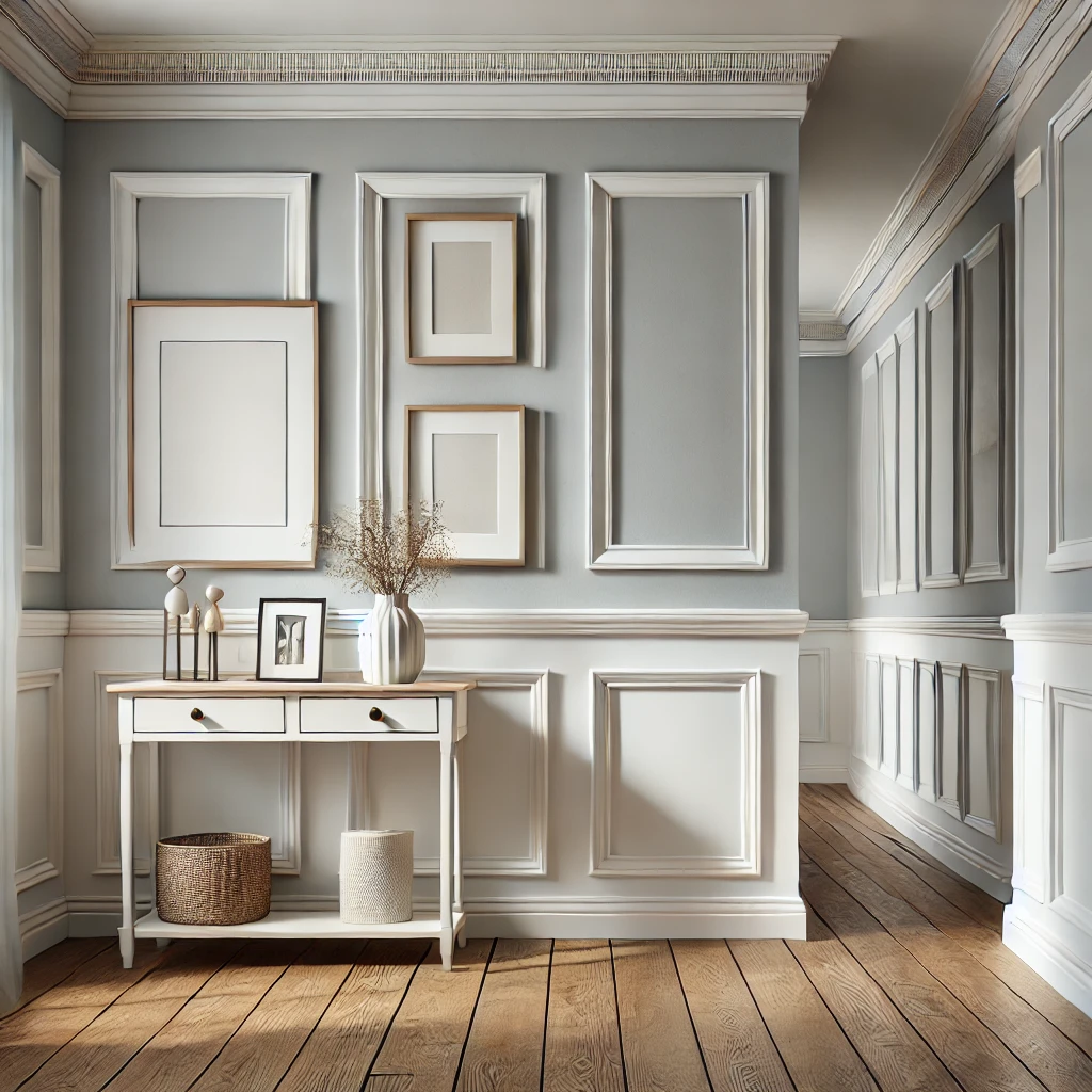 A cozy hallway featuring white half-height wainscoting at 36 inches, paired with light gray walls, wooden flooring, a console table with decor, and framed art, showcasing the ideal height and placement of wainscoting