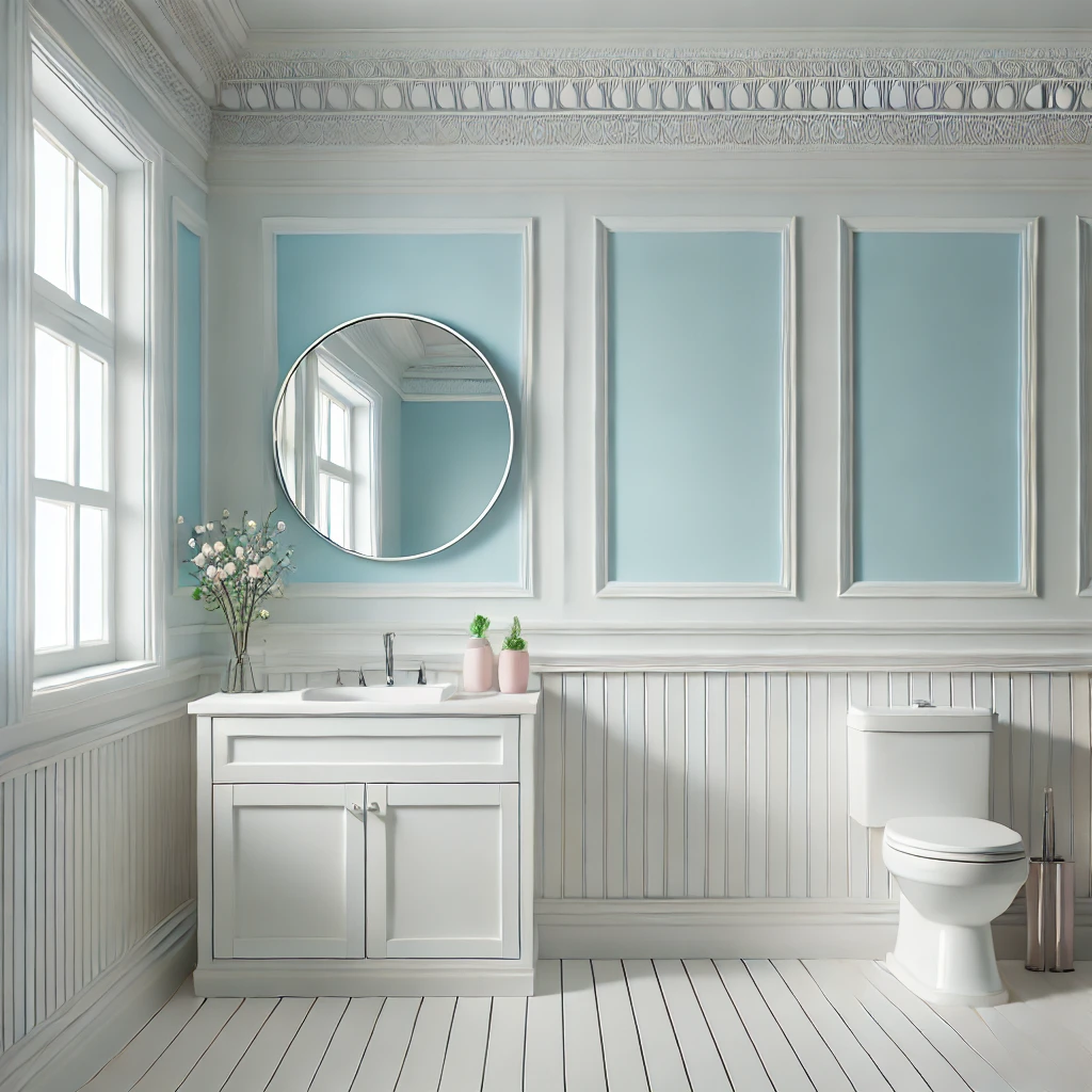 A bright and spacious bathroom featuring white beadboard wainscoting with pastel blue walls, a modern vanity, round mirror, and minimalistic decor, showcasing a clean and polished look