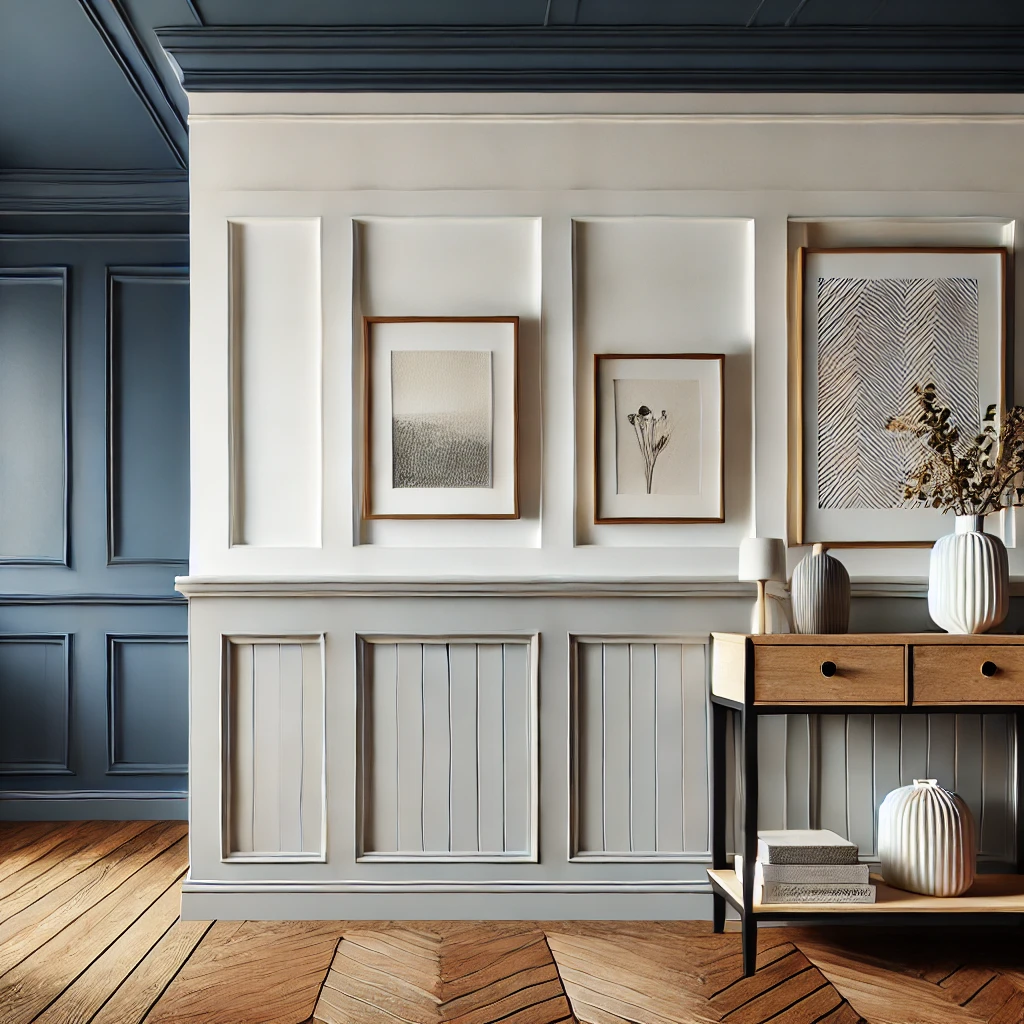 A stylish hallway featuring soft white board and batten wainscoting with navy blue walls, wooden flooring, framed artwork, and a console table, showcasing a laid-back and textured design