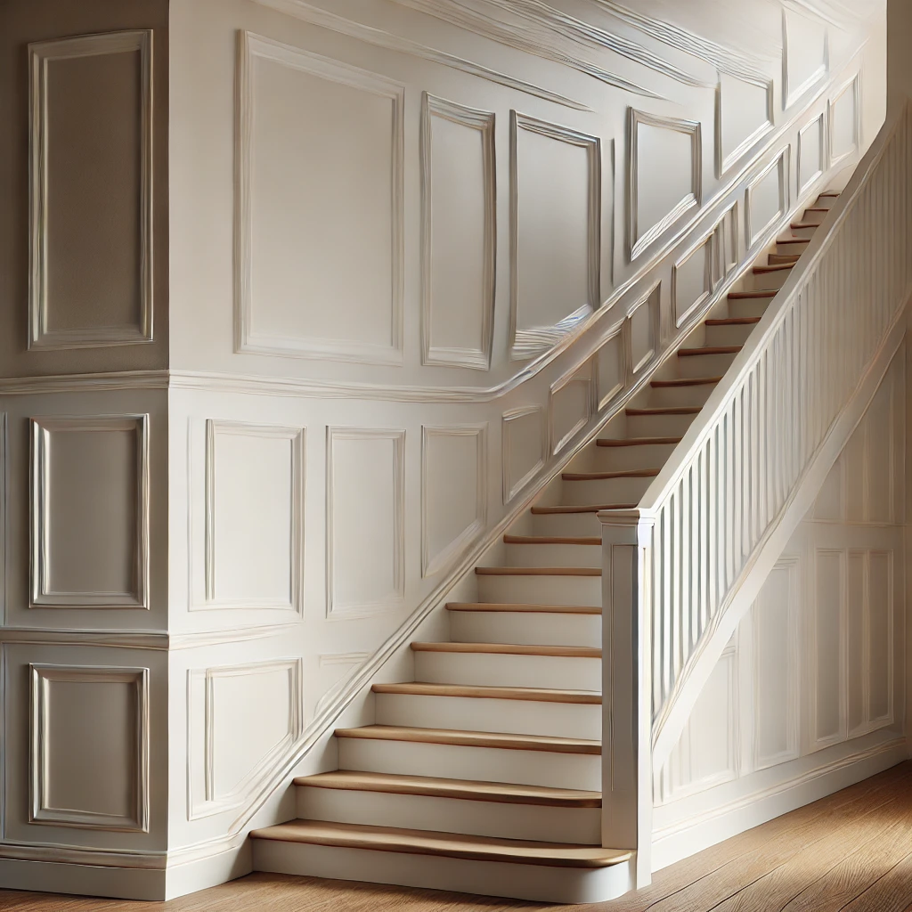 A modern staircase featuring white raised panel wainscoting along the stair wall, paired with neutral beige walls, wooden steps, and a sleek handrail, showcasing a dramatic and welcoming design