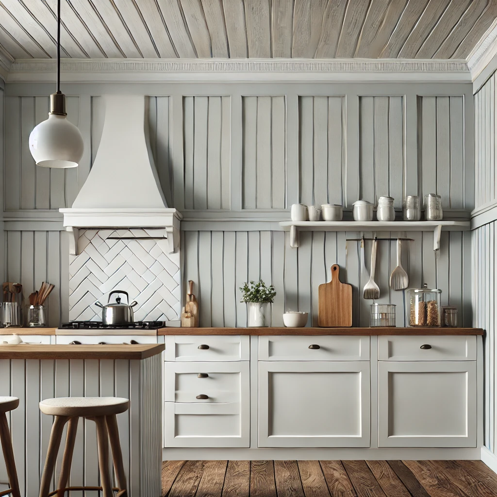 A stylish kitchen featuring beadboard wainscoting as a backsplash, paired with light gray walls, white cabinets, wooden countertops, and modern decor, showcasing practical and inviting charm