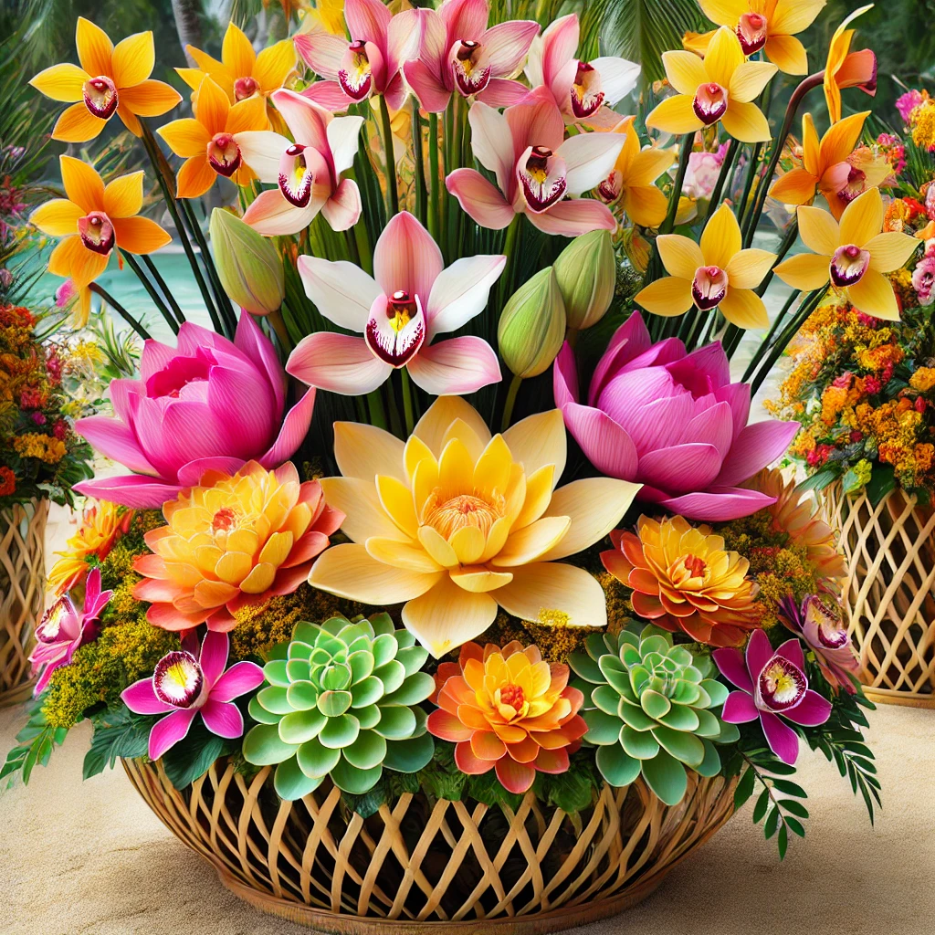 A stunning tropical floral arrangement featuring vibrant lotus flowers and orchids in bold colors such as yellow, pink, and orange, arranged in bamboo vases for a festive atmosphere