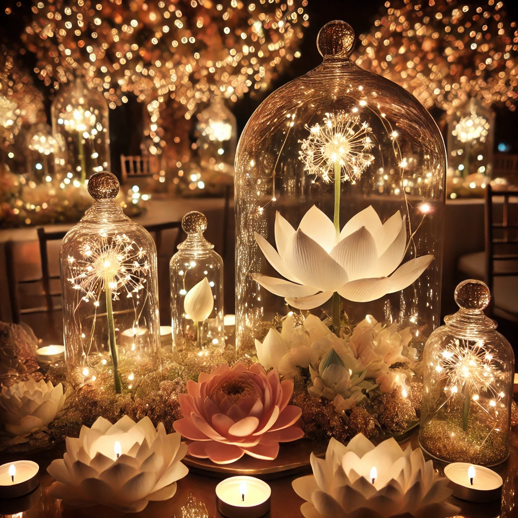 A magical lotus flower centerpiece illuminated with fairy lights inside glass domes, creating a dreamy and whimsical ambiance perfect for weddings and evening events