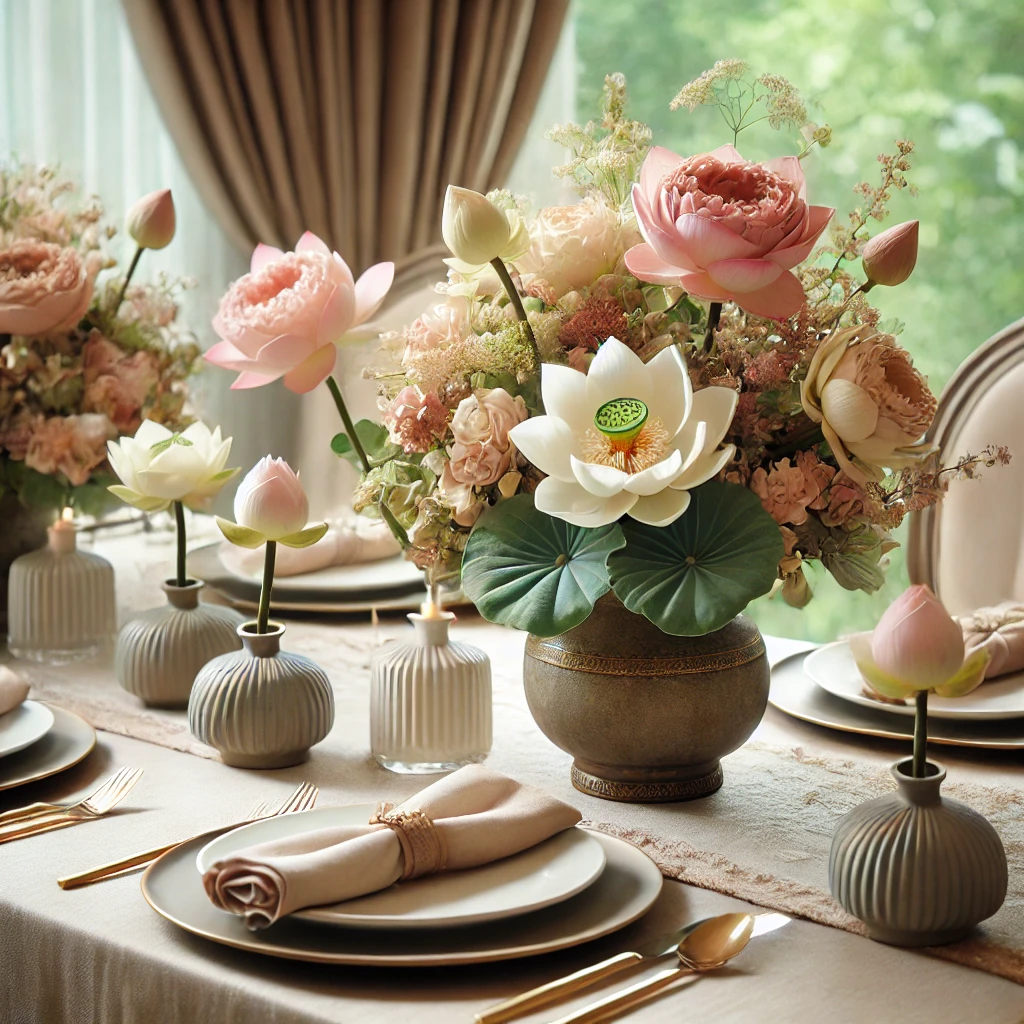 A beautiful dining table setup featuring lotus flower centerpieces in ceramic vases, paired with soft linen materials to create an inviting ambiance for casual and formal dining