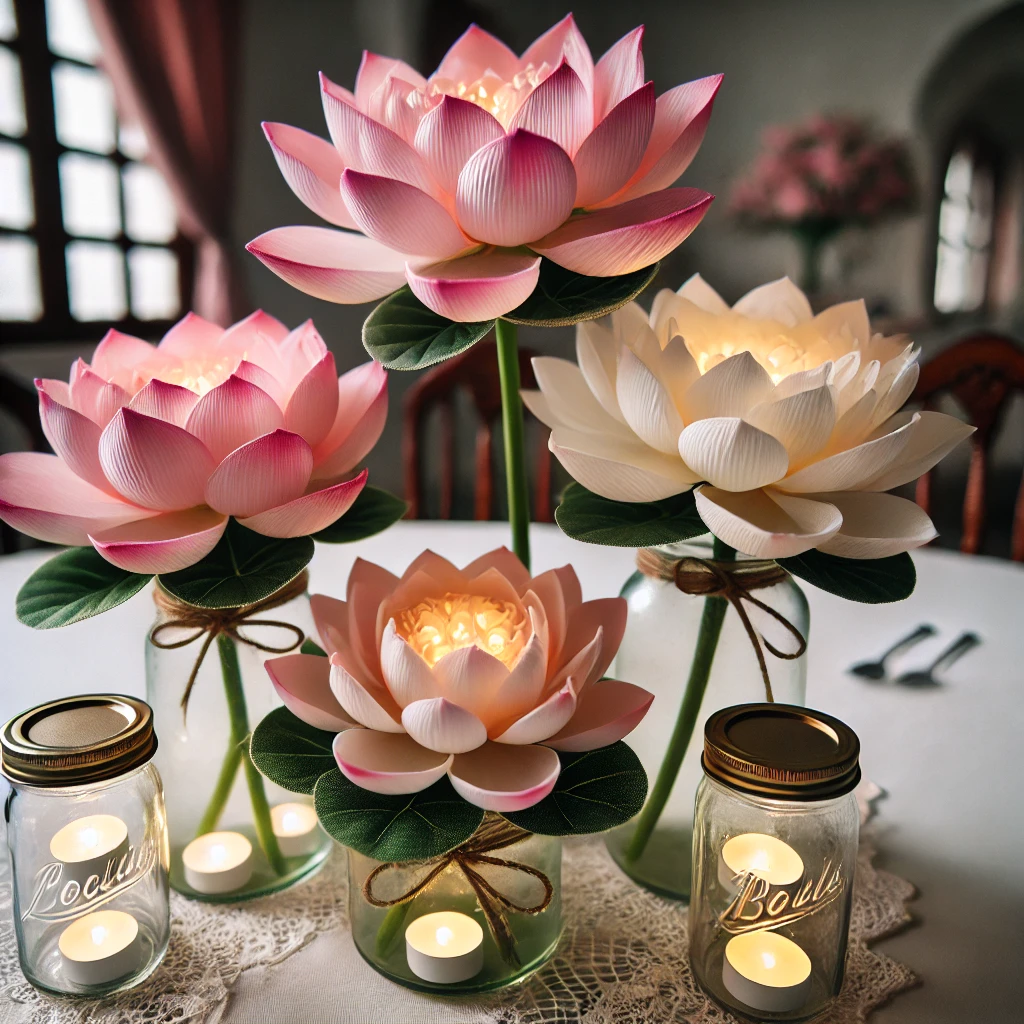 An elegant and budget-friendly lotus flower centerpiece featuring artificial lotus flowers in thrifted vases, LED lights, and mason jars for an affordable yet stylish decor