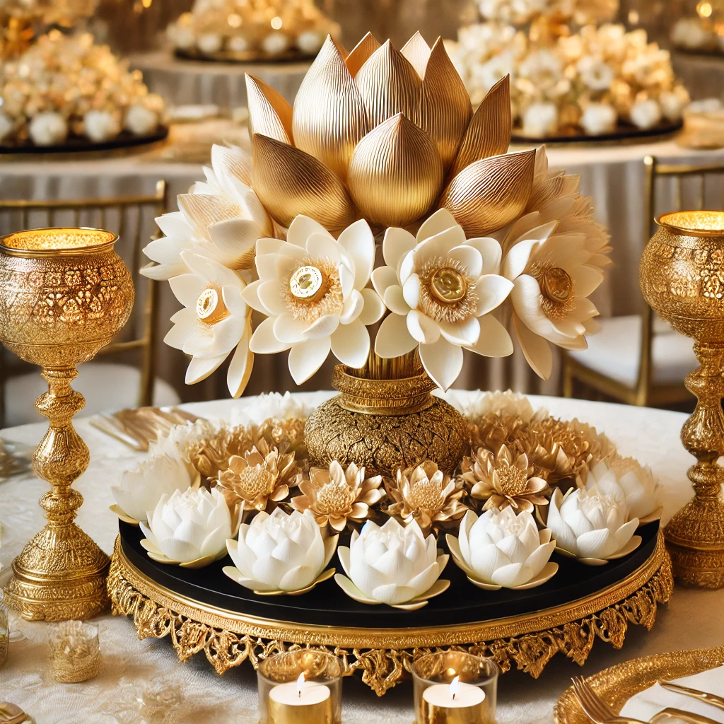 A luxurious lotus flower centerpiece featuring gold accents, including ornate gold vases, trays, and votive candles, creating an upscale and sophisticated aesthetic for weddings and grand events