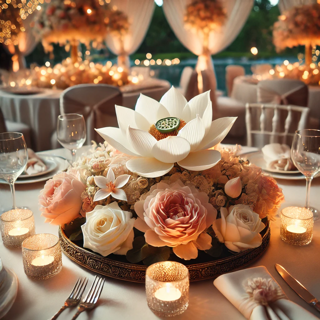 An elegant wedding table adorned with a romantic lotus flower centerpiece, paired with soft fabrics and glowing candles, creating a serene and romantic ambiance