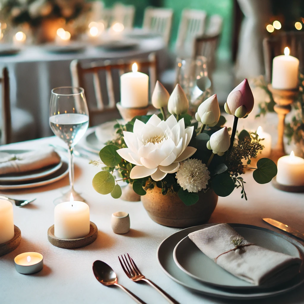 A cozy dinner party setup featuring a simple yet elegant lotus flower arrangement with soft candlelight, creating a warm and inviting atmosphere