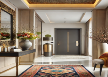 A modern foyer with a console table, decorative mirror, vibrant accents like a vase of flowers, and a stylish rug, creating a welcoming and elegant entrance