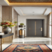 A modern foyer with a console table, decorative mirror, vibrant accents like a vase of flowers, and a stylish rug, creating a welcoming and elegant entrance