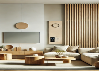 A modern living room featuring minimalist furniture, natural materials like wooden accents, and smart home technology, showcasing 2025 interior design trends with neutral tones and clean lines