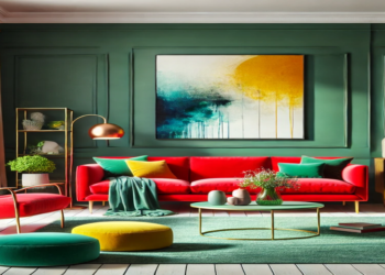 A vibrant living room featuring an emerald green accent wall, bold-colored furniture like a red sofa and yellow chairs, and neutral decor elements, demonstrating how bold colors energize a space