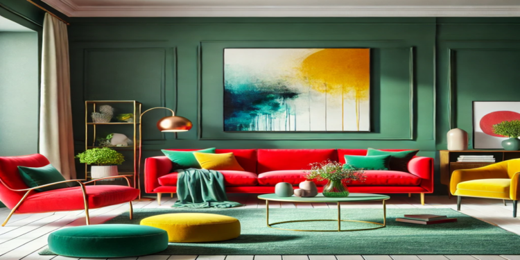 A vibrant living room featuring an emerald green accent wall, bold-colored furniture like a red sofa and yellow chairs, and neutral decor elements, demonstrating how bold colors energize a space