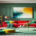 A vibrant living room featuring an emerald green accent wall, bold-colored furniture like a red sofa and yellow chairs, and neutral decor elements, demonstrating how bold colors energize a space